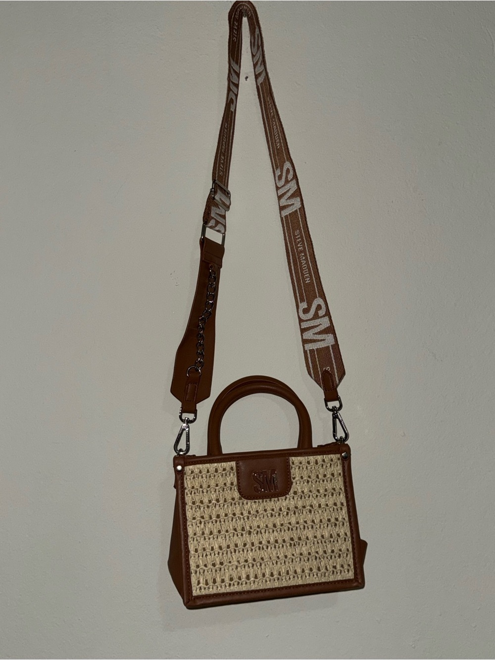 Steve Madden Raffia Mini Satchel Crossbody Bag Brown Beige